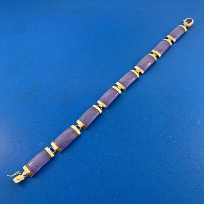 Designer 14K Yellow Gold Lavender Jade Bar Amethyst Statement Tennis Bracelet