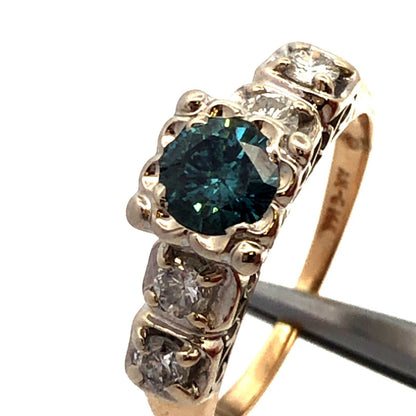 Vintage AM-G 14K Yellow White Gold  Blue Diamond White Accented Engagement Ring