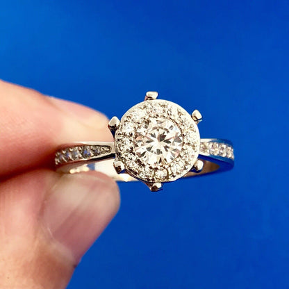 Sterling Silver 925 Cubic Zirconia White Sapphire Halo Engagement Promise Ring