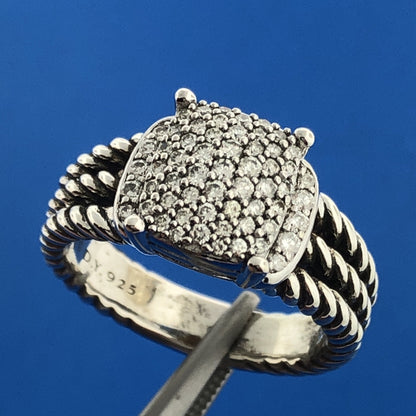 David Yurman 925 Sterling Silver Pave Diamond Petite Wheaton Classic Cable Ring