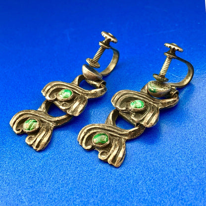 Mid Century Taxco Silver 925 Malachite Double Drop Screw Back Earrings-Patina!