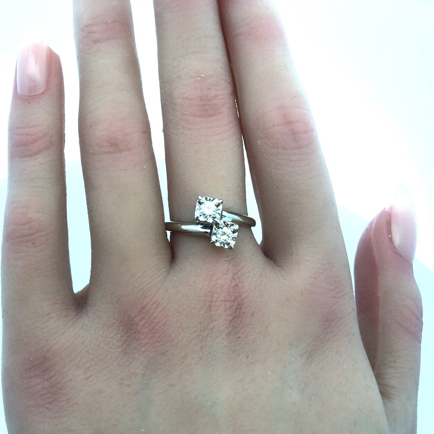Vintage 14K White Gold Diamond Duo Buttercup Bypass Engagement Bridal Ring