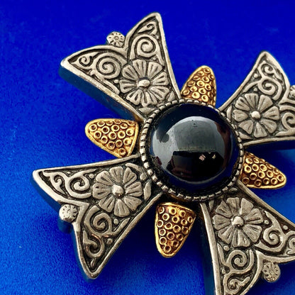HMR CMA Gold Silver Tone Black Hematite Floral Scroll Maltese Cross Pin Pendant