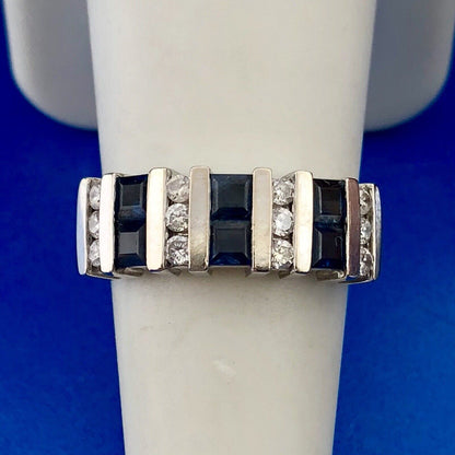Retro Designer 14K White Gold Diamond Sapphire Channel Set Tapered Band Ring