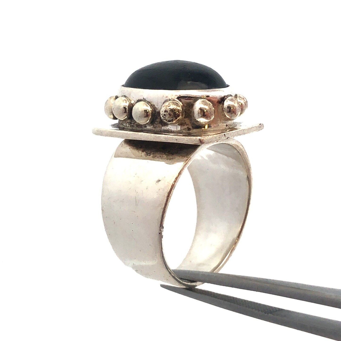 Vintage 925 Sterling Silver Oval Black Onyx Beaded Detail Statement Ring