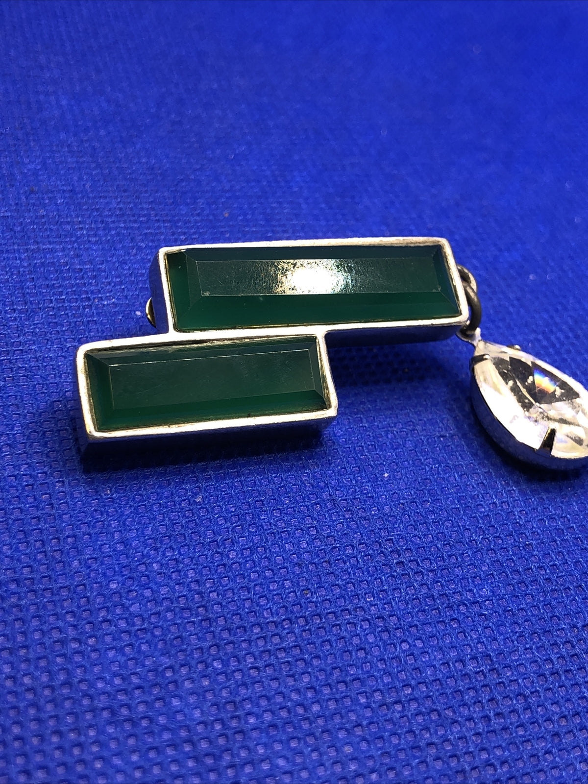 Modernist Runway Couture Silver Tone Green Glass Crystal Statement Drop Earrings