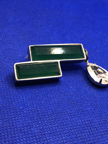 Modernist Runway Couture Silver Tone Green Glass Crystal Statement Drop Earrings