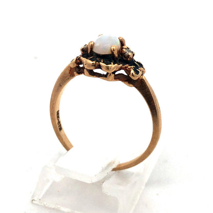 Retro 10K Yellow Gold Oval Opal Diamond Accent October Anniversary Ring