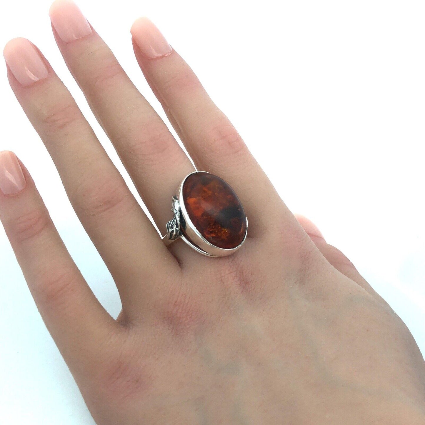 925 Sterling Silver Vintage Oval Cabochon Amber Leaves Nature Statement Ring