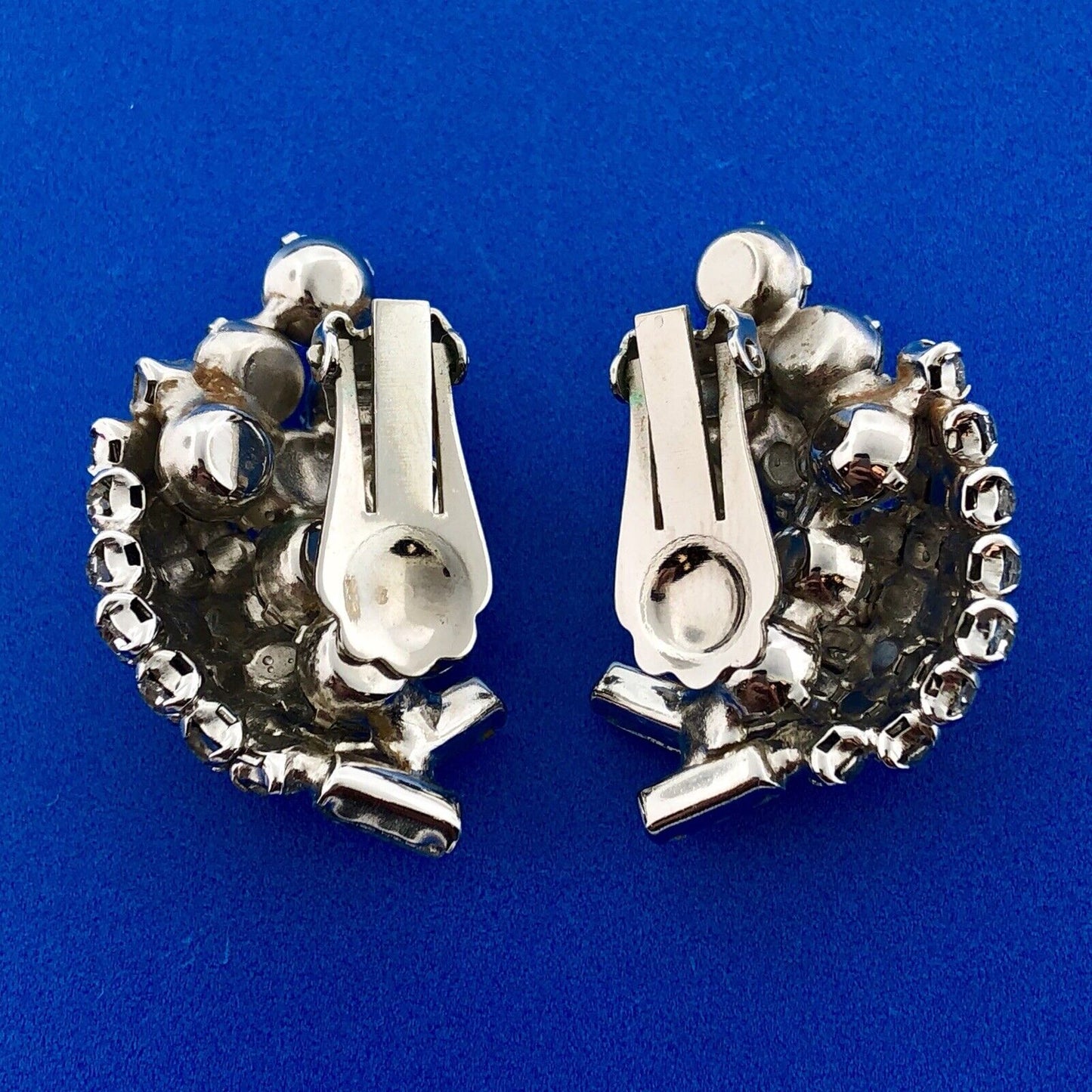 Retro Haute Couture Silver Tone Rhinestone Grape Cluster Statement Clip Earrings