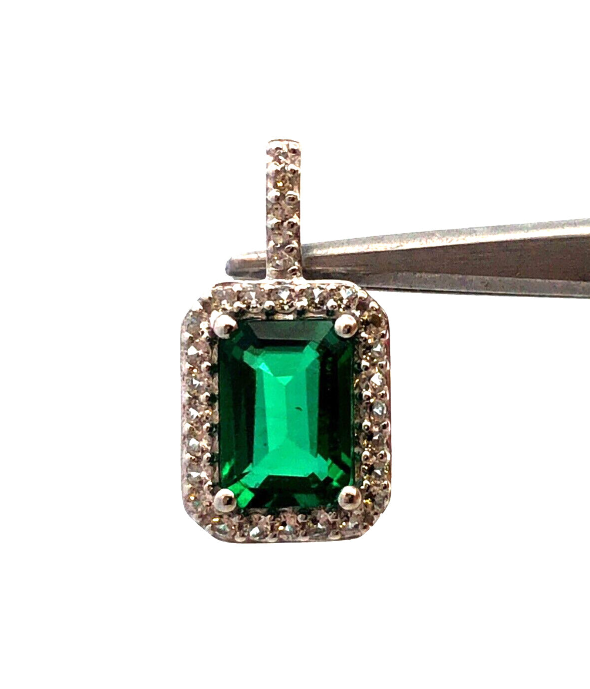 Designer A 10K White Gold Green Emerald Cut Emerald White Sapphire Halo Pendant