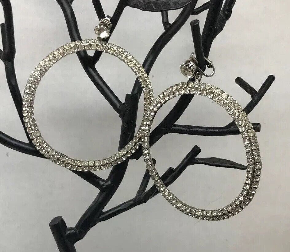 Haute Couture Runway Silver Tone Bezel Set Rhinestone Statement Hoop Earrings