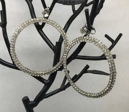 Haute Couture Runway Silver Tone Bezel Set Rhinestone Statement Hoop Earrings