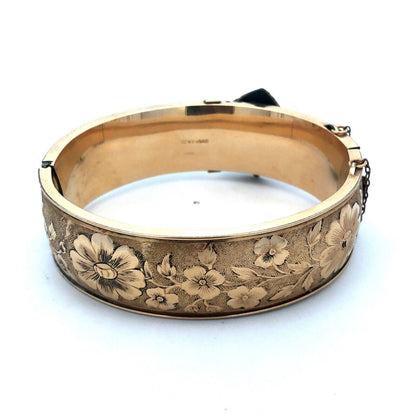 Antique F.M.Co 12K Yellow Gold Filled Floral Belt Buckle Hinged Bangle Bracelet