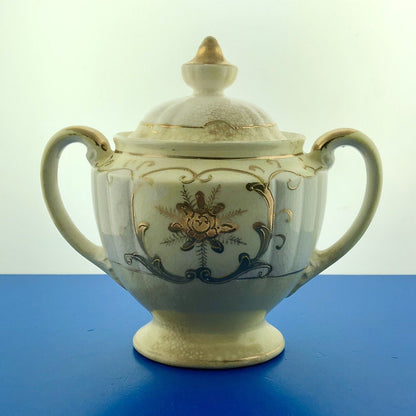 Mid Century Hinode Japan China Gilt Floral Scroll Pattern Handled Sugar w/Lid