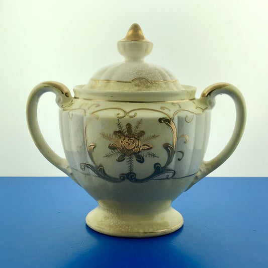 Mid Century Hinode Japan China Gilt Floral Scroll Pattern Handled Sugar w/Lid