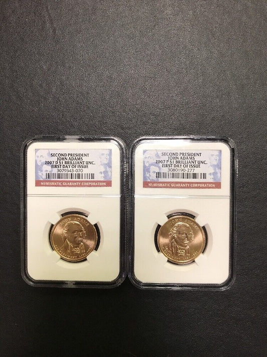2007 P D John Adams Presidential Dollar Two Coin Set NGC BU First Day of Issue