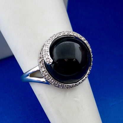 Vintage Modernist 14K White Gold Black Onyx Diamond Snake Swirl Cocktail Ring
