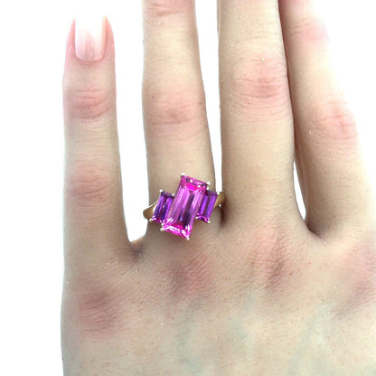 Designer 10K Yellow Gold Rectangle Pink Topaz Trio Modernist Statement Ring