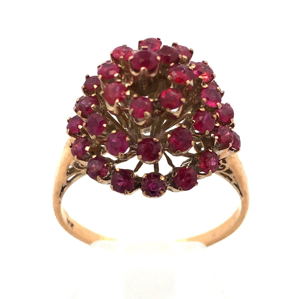 Vintage 10K Yellow Gold Ruby Cluster Swirl Princess Empire Cocktail Ring