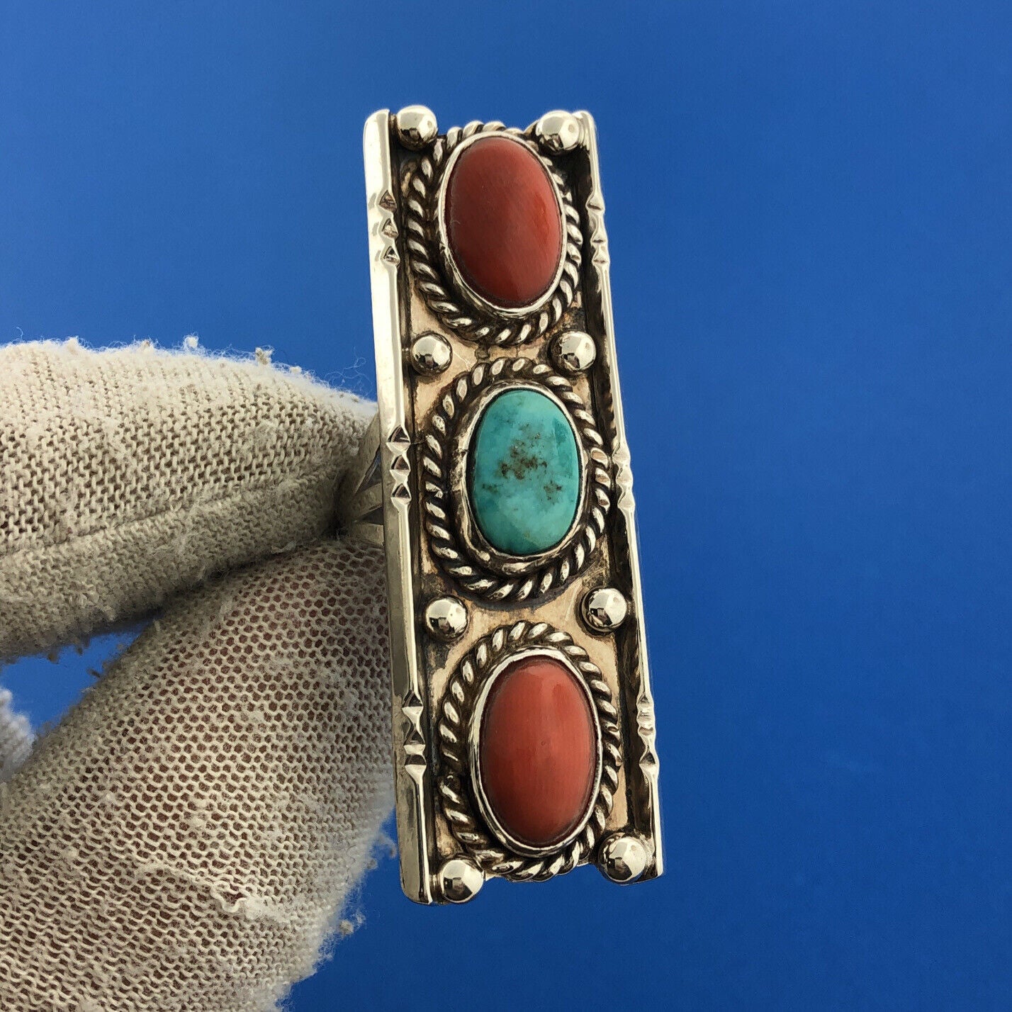 Native American Artisan Sterling Silver Coral Turquoise Rectangle Statement Ring