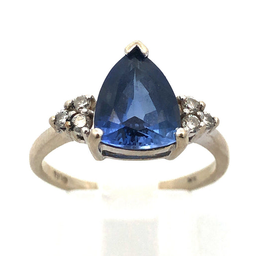 10K White Gold Blue Sapphire Diamond Engagement Anniversary Cocktail Ring