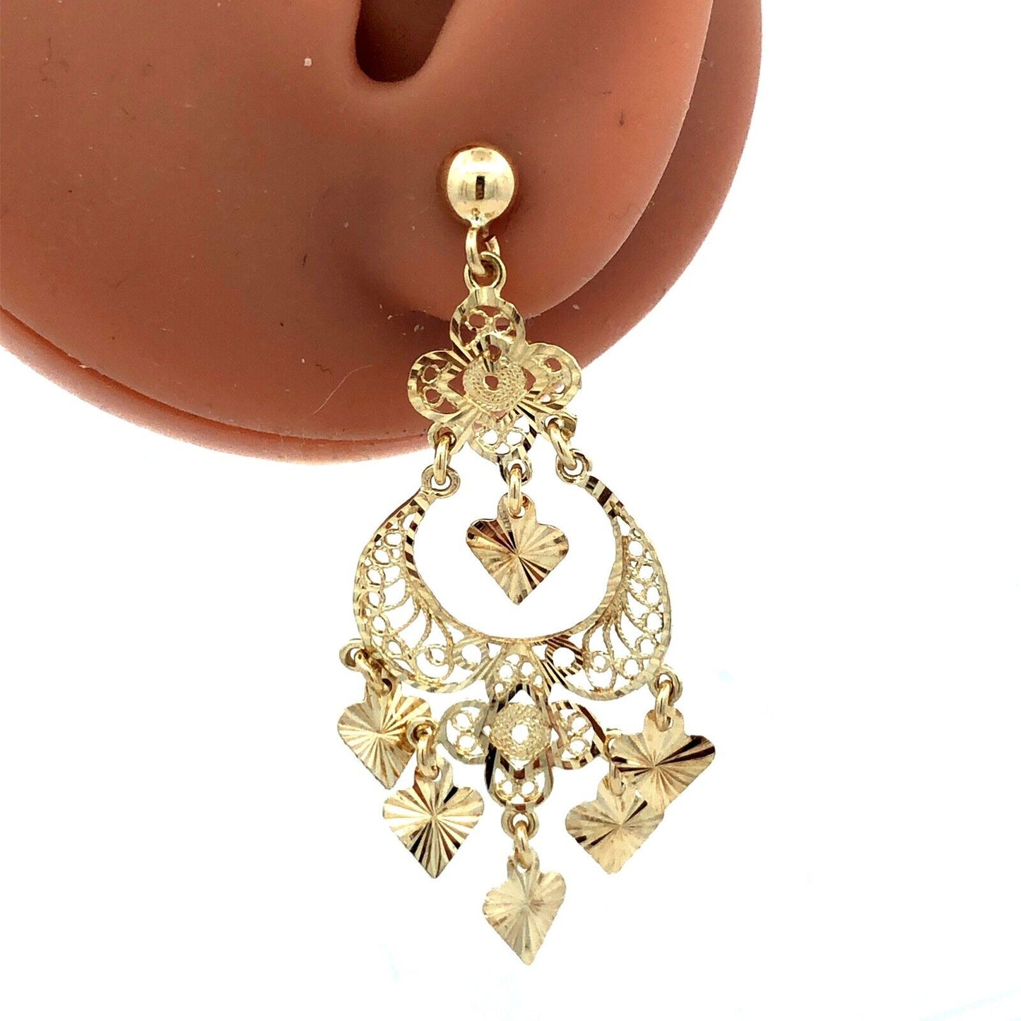 Designer 14K Yellow Gold Filigree Textured Statement Chandelier Dangle Earrings