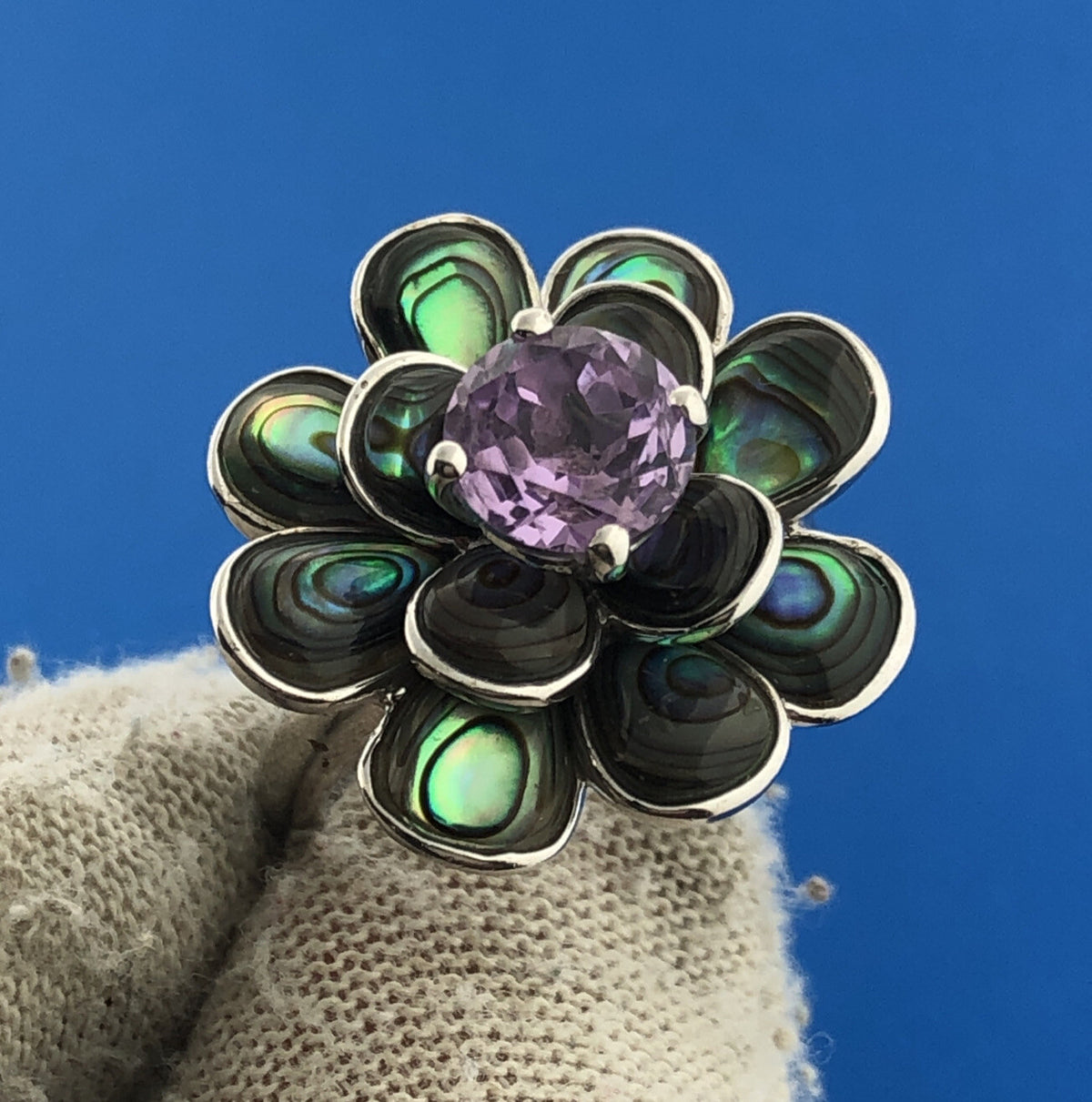 Designer KN China Sterling Silver 925 Amethyst Abalone Flower Cocktail Ring