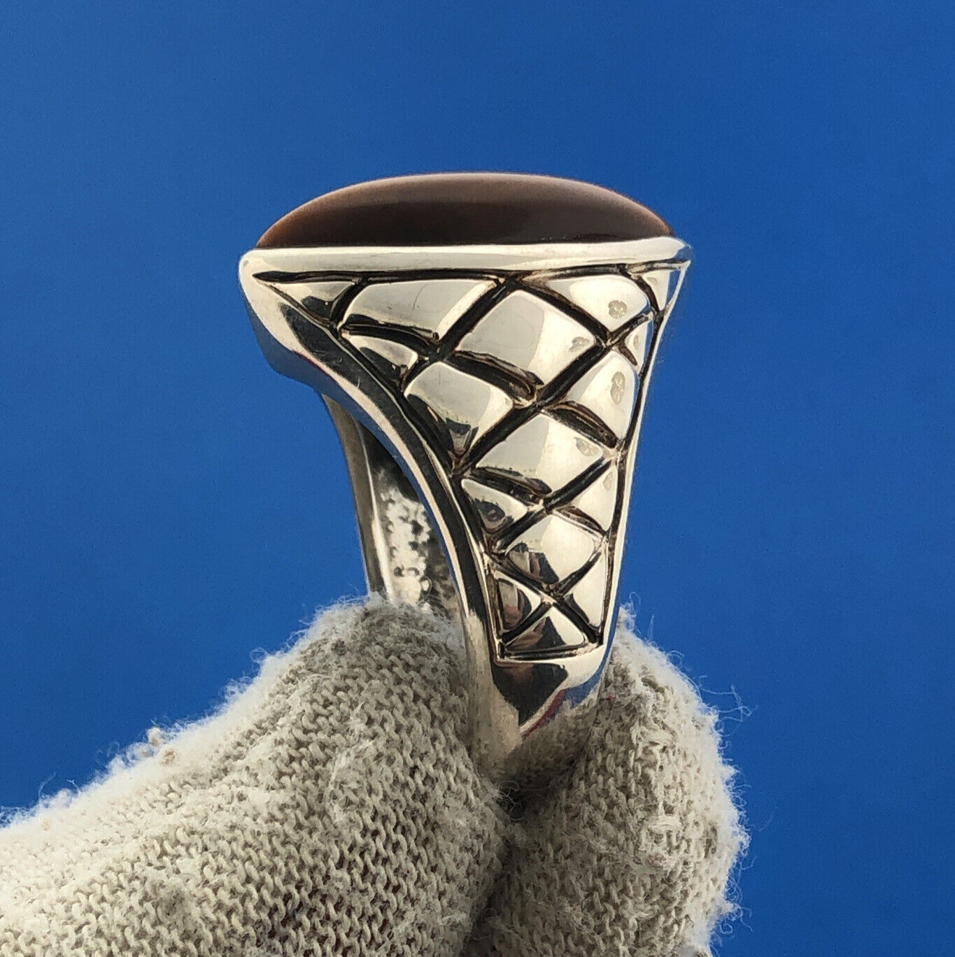 Designer SX Thailand Sterling Silver Marquise Tigers Eye Snakeskin Band Ring