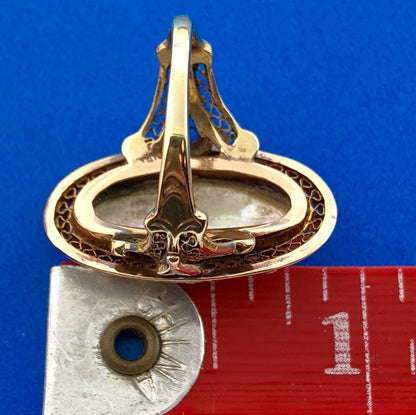 Vintage Art Deco Retro 10K Yellow Gold Abalone Ring with Filigree Detailing