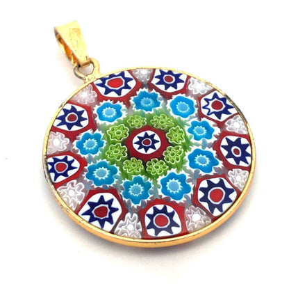 AMV Italy Sterling Silver Gold Vermeil Round Colorful Millefiori Glass Pendant