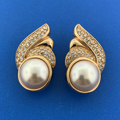1970's Swarovski SAL Gold Tone Crystal Faux Mabe Pearl Statement Clip Earrings
