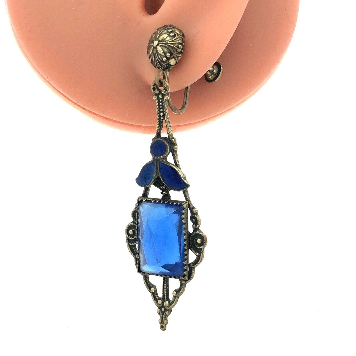 Antique Silver Tone Blue Glass Enamel Floral Scroll Dangle Screw Back Earrings