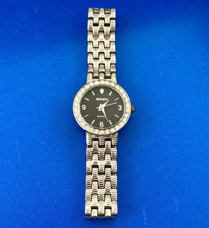 Elegant GRUEN Ladies Silver Tone Cubic Zirconia Bezel Bracelet Wrist Watch Works