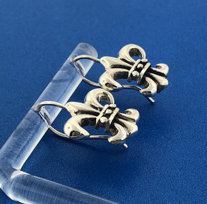 Vintage 925 Sterling Silver Fleur De Lis French Cross Slide Hook Drop Earrings