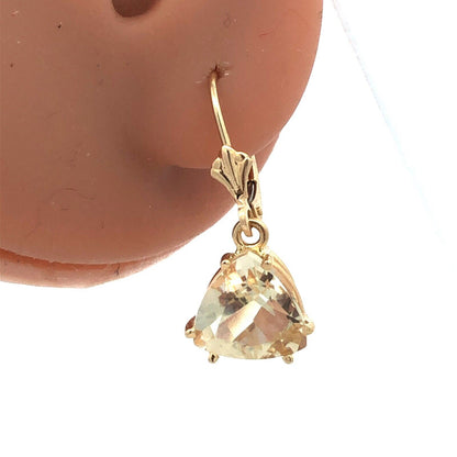 14K Yellow Gold Designer Trillion Honey Lemon Quartz  Leverback Dangle Earrings
