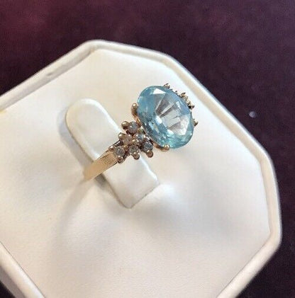 Vintage 10K Yellow Gold Blue Topaz Waterfall Diamond Engagement Anniversary Ring