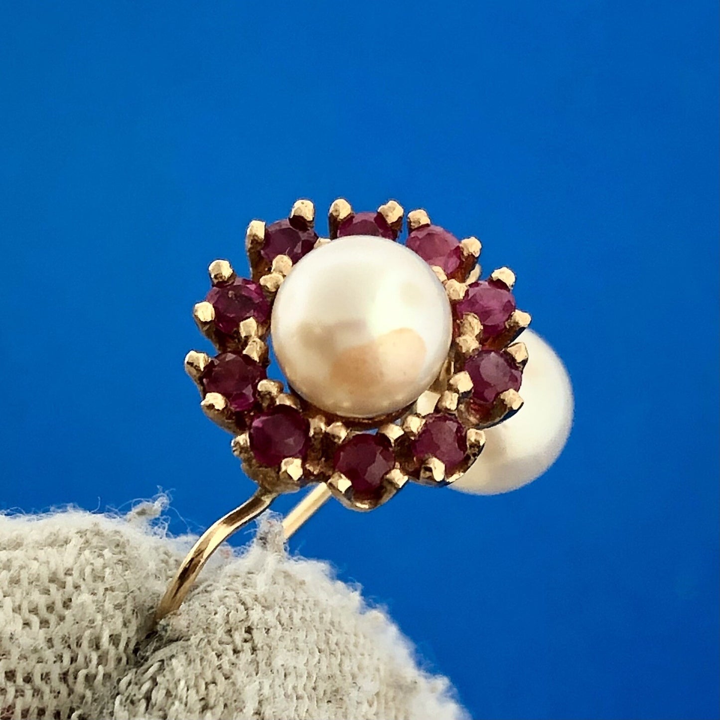 Vintage 14k Yellow Gold Round Cut Red Ruby White Pearl French Hook Earrings