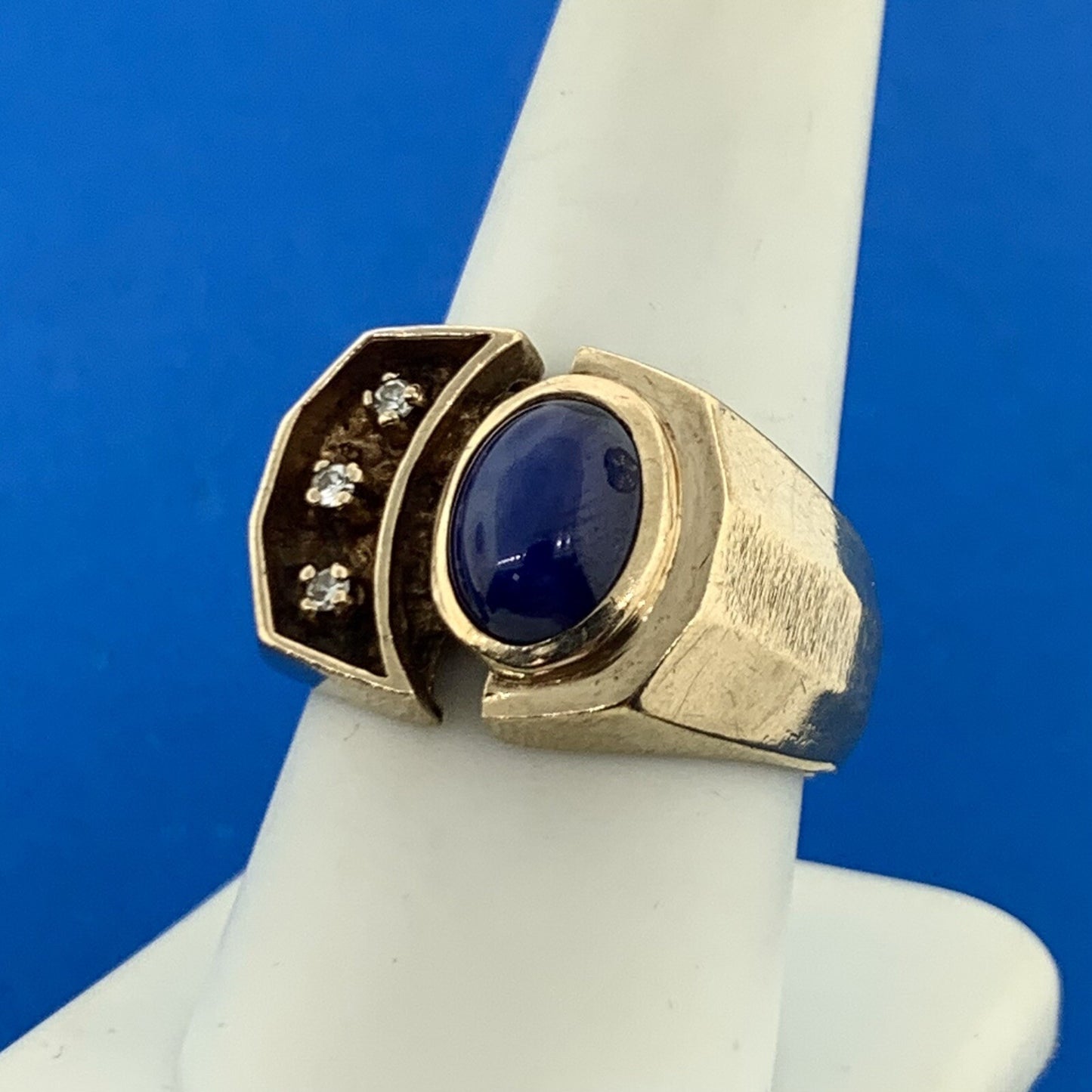 10K Yellow Gold Oval Blue Star Sapphire Diamond Accented Unisex Evil Eye Ring