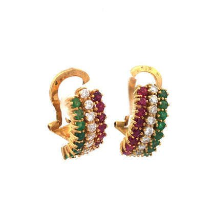 18K Yellow Gold Ruby Emerald Diamond Shrimp Omega Back Earrings