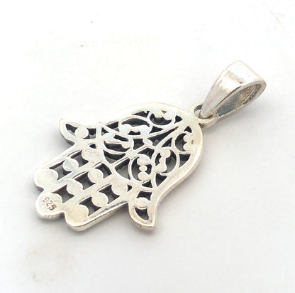 925 Sterling Silver Beaded Filigree Hamsa Good Luck Prosperity Pendant