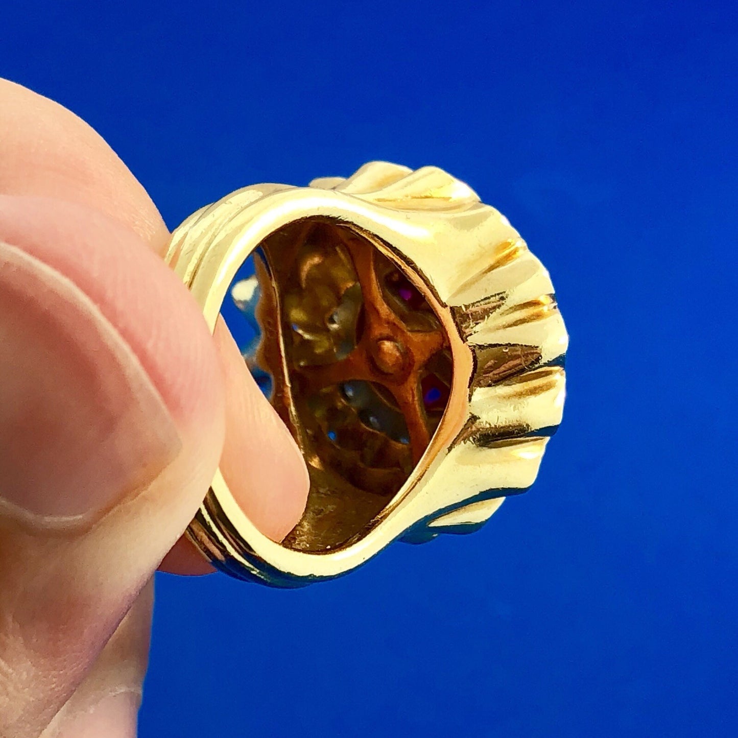 Vintage Artisan 18 Yellow Gold Ruby Diamond Cluster Dome Statement Cocktail Ring