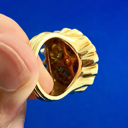 Vintage Artisan 18 Yellow Gold Ruby Diamond Cluster Dome Statement Cocktail Ring