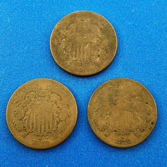 1866 P Bronze Two-Cent Piece Three Coin Mixed Date Union Shield Philadelphia Lot