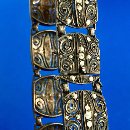 Art Deco Germany 925 Sterling Silver Marcasite Filigree Scroll Panel Bracelet