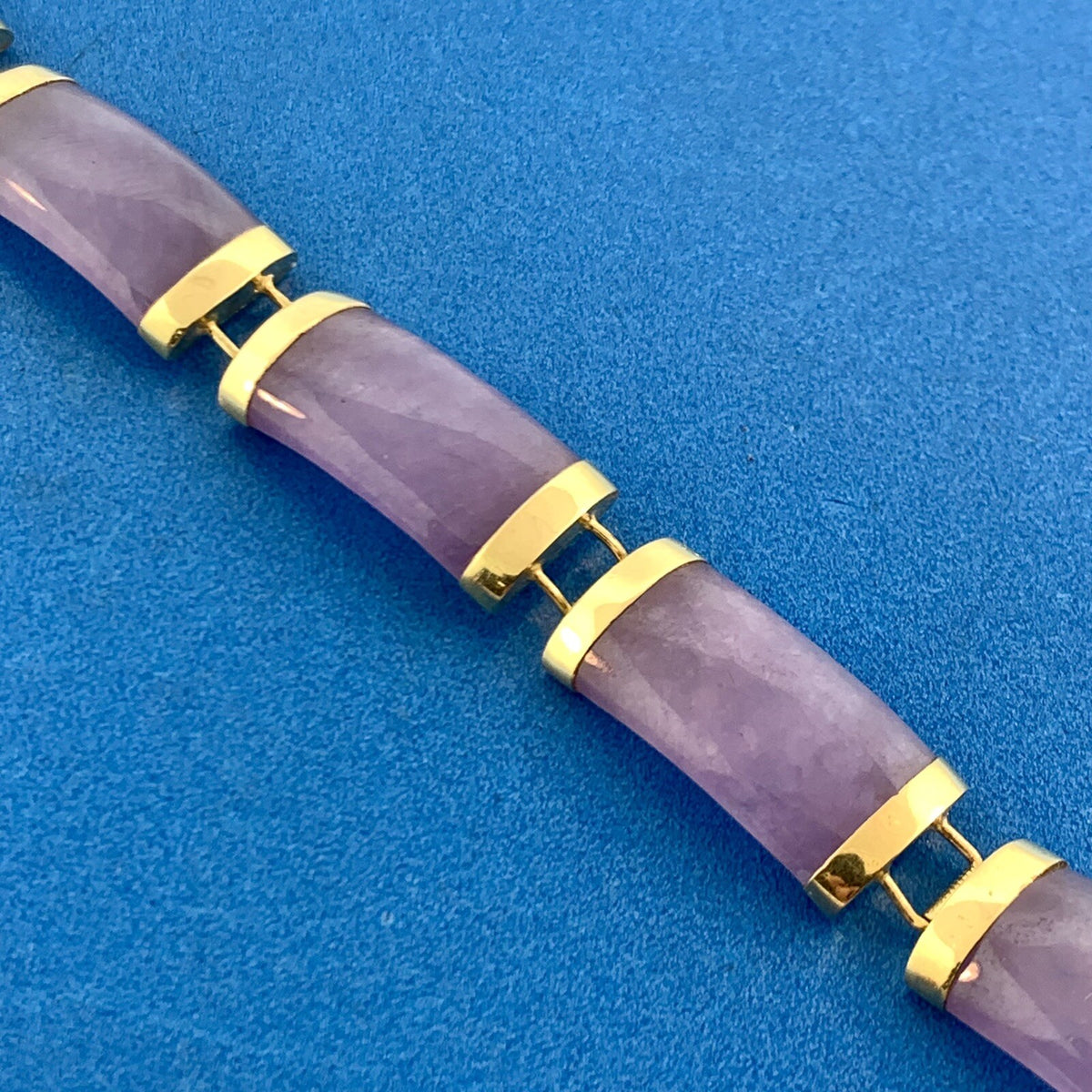 Designer 14K Yellow Gold Lavender Jade Bar Amethyst Statement Tennis Bracelet
