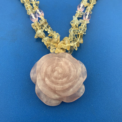 Silver Tone Carved Rose Quartz Flower Chunky Citrine Healing Statement Necklace
