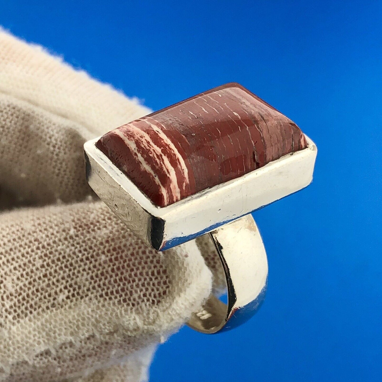 Sterling Silver 925 Banded Red Jasper Rectangular Modernist Statement Ring