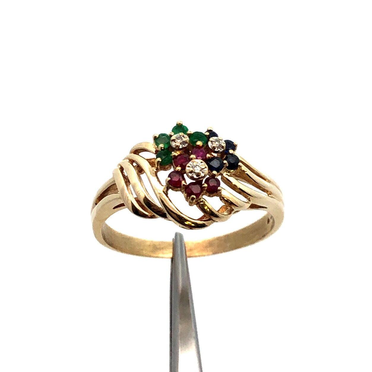 Designer 14K Yellow Gold Sapphire Ruby Emerald Diamond Flower Modernist Ring