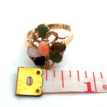 Vintage 18K Yellow HGE Multi Gemstone Floral Cluster Statement Cocktail Ring